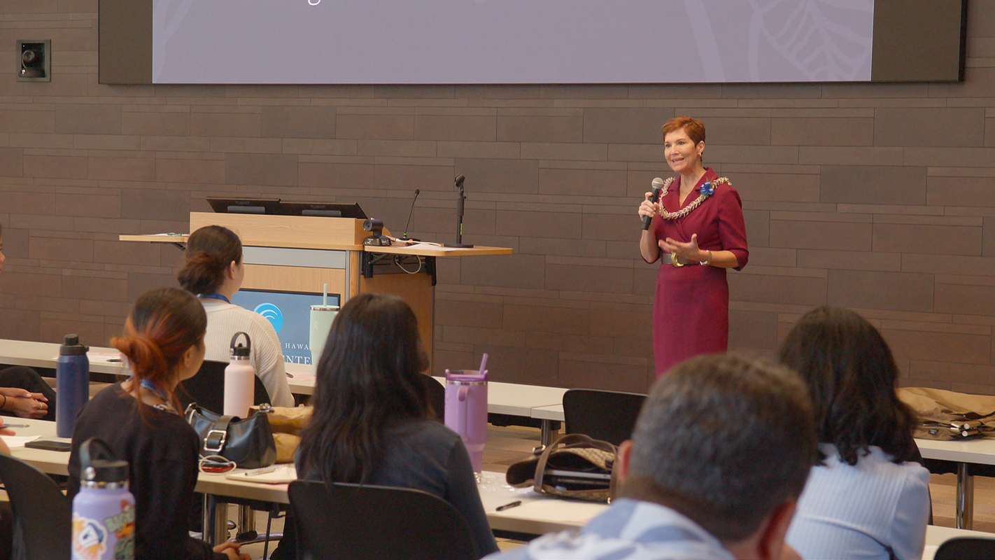 UH President Wendy Hensel speaking to CREATE students